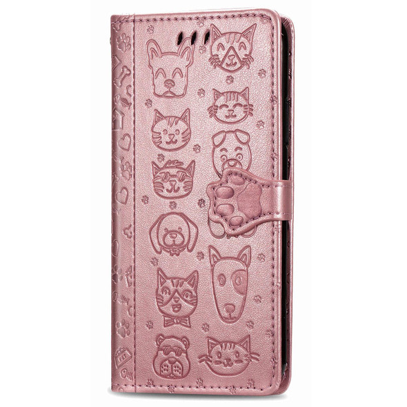 Galaxy S20 FE / S20 Lite Cute Cat and Dog Embossed Horizontal Flip Leather Case with Bracket / Card Slot / Wallet / Lanyard(Rose Gold)