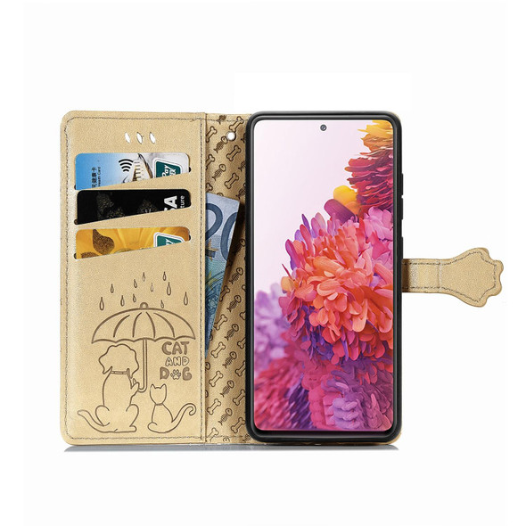 Galaxy S20 FE / S20 Lite Cute Cat and Dog Embossed Horizontal Flip Leather Case with Bracket / Card Slot / Wallet / Lanyard(Gold)