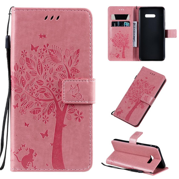 LG G8X Tree & Cat Pattern Pressed Printing Horizontal Flip PU Leather Case with Holder & Card Slots & Wallet & Lanyard(Pink)