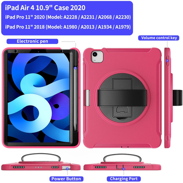 iPad Air 2022 / 2020 10.9 360 Degree Rotation PC + TPU Protective Case with Holder & Hand-strap & Pen Slot(Rose Red)