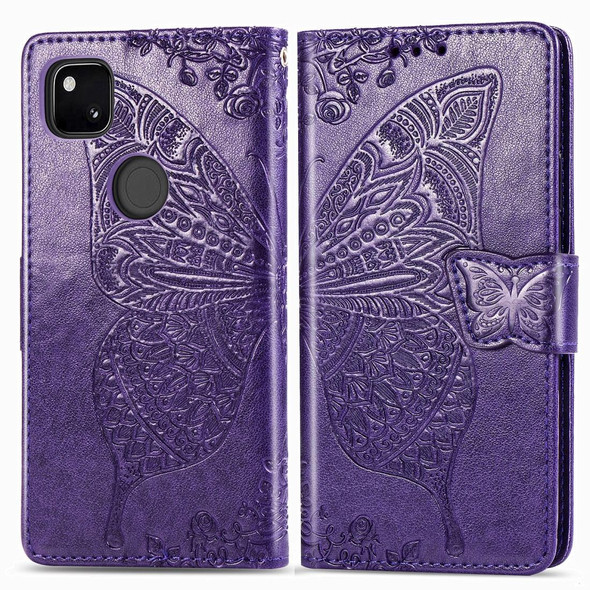 Google Pixel 4A Butterfly Love Flower Embossed Horizontal Flip Leather Case with Bracket / Card Slot / Wallet / Lanyard(Dark Purple)