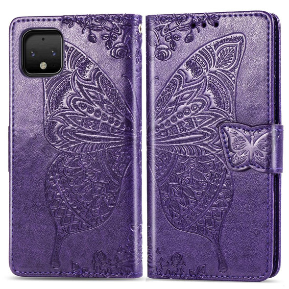 Butterfly Love Flowers Embossing Horizontal Flip Leatherette Case - Google Pixel 4 XL with Holder & Card Slots & Wallet & Lanyard(Dark purple)