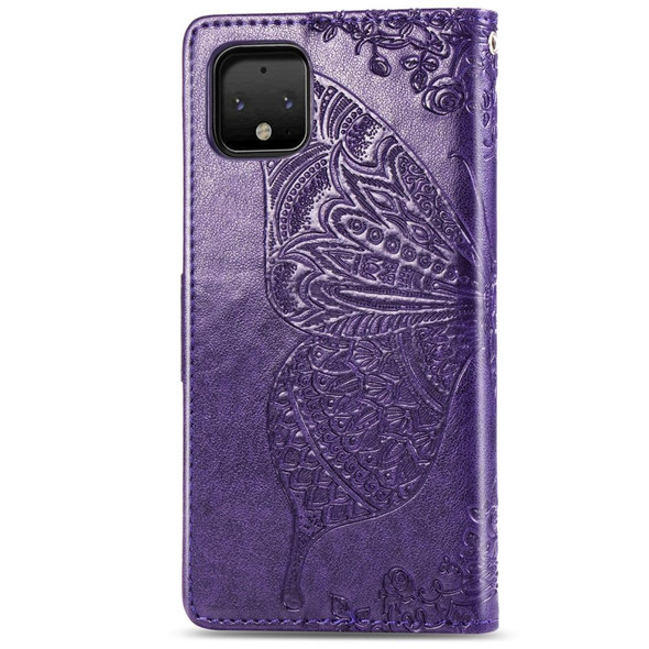 Butterfly Love Flowers Embossing Horizontal Flip Leatherette Case - Google Pixel 4 XL with Holder & Card Slots & Wallet & Lanyard(Dark purple)