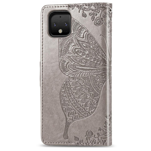 Butterfly Love Flowers Embossing Horizontal Flip Leatherette Case - Google Pixel 4 XL with Holder & Card Slots & Wallet & Lanyard(Gray)