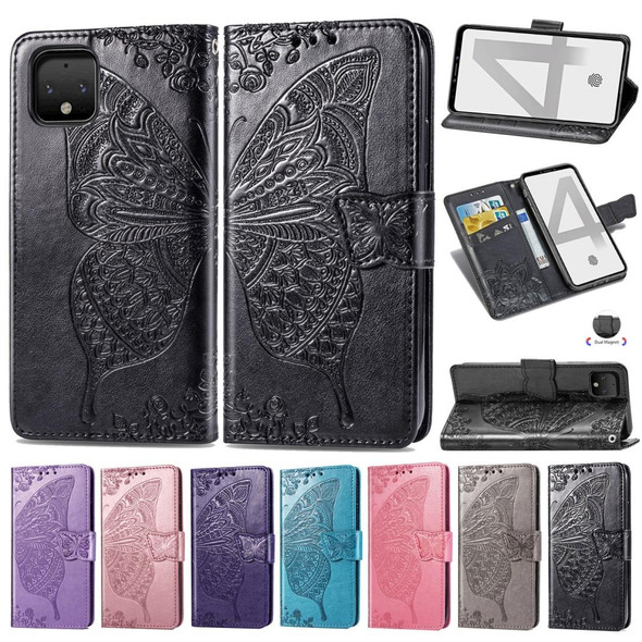 Butterfly Love Flowers Embossing Horizontal Flip Leatherette Case - Google Pixel 4 XL with Holder & Card Slots & Wallet & Lanyard(Blue)