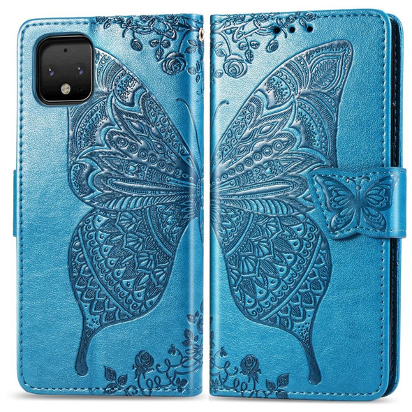 Butterfly Love Flowers Embossing Horizontal Flip Leatherette Case - Google Pixel 4 XL with Holder & Card Slots & Wallet & Lanyard(Blue)