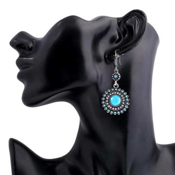 2 Pairs Ethnic Sun Flower Style Rhinestone Earrings Long Earbobs(Silver+Light Blue)