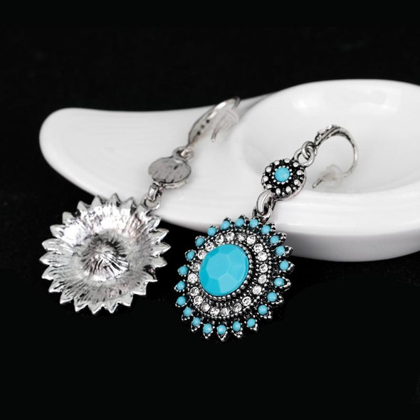 2 Pairs Ethnic Sun Flower Style Rhinestone Earrings Long Earbobs(Silver+Light Blue)