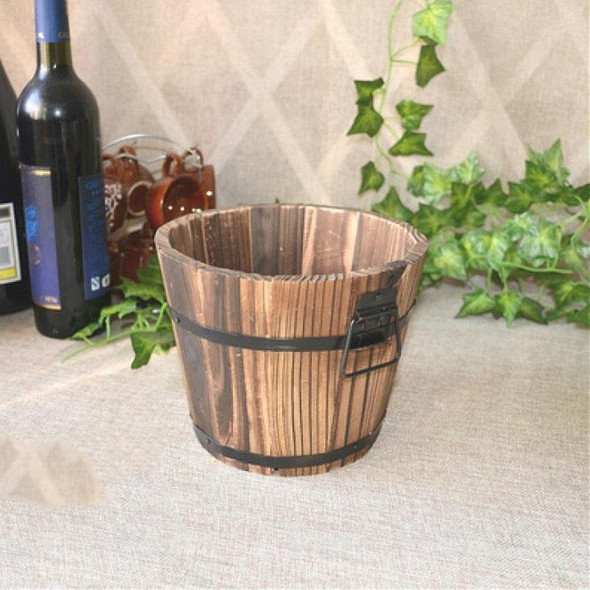 Balcony Vegetable Succulent Carbonized Wood Flower Pot Retro Small Wooden Bucket Home Decoration, Size:L, Style:Flat Mouth