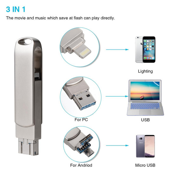 Richwell 3 in 1 16G Micro USB + 8 Pin + USB 3.0 Metal Rotating Push-pull Flash Disk with OTG Function(Silver)