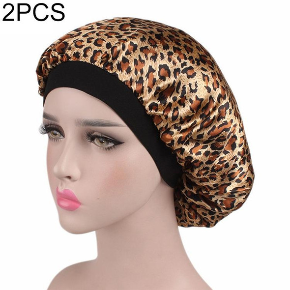 2 PCS Women Satin Night Sleep Cap Hair Bonnet Hat Silk Head Cover Wide Elastic Band(Leopard)