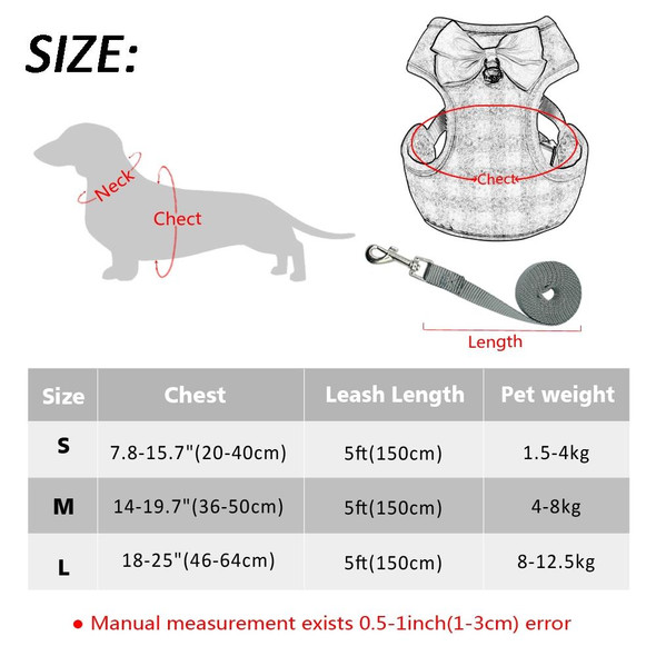 Adjustable Bow Plaid Vest Lead Pull Rope Leash for Cat Dog Pet(L)