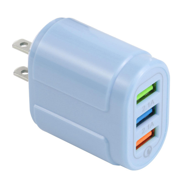13-222 QC3.0 USB + 2.1A Dual USB Ports Macarons Travel Charger, US Plug(Blue)
