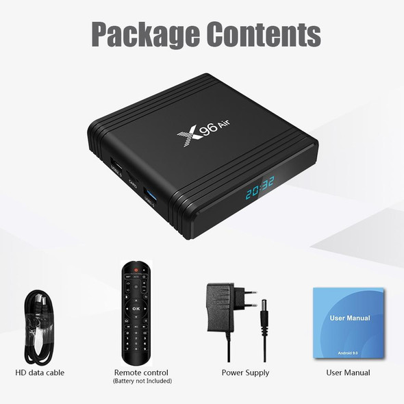 X96 Air 4K Smart TV BOX Android 9.0 Media Player wtih Remote Control, Quad-core Amlogic S905X3, RAM: 4GB, ROM: 64GB, Dual Band WiFi, Bluetooth, EU Plug