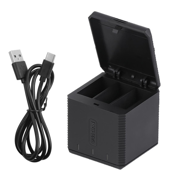 RUIGPRO USB Triple Batteries Housing Charger Box with Cable & Indicator Light for GoPro HERO9 Black / HERO10 Black(Black)