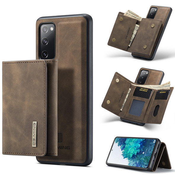 Samsung Galaxy S20 FE DG.MING M1 Series 3-Fold Multi Card Wallet + Magnetic Back Cover Shockproof Case with Holder Function(Coffee)
