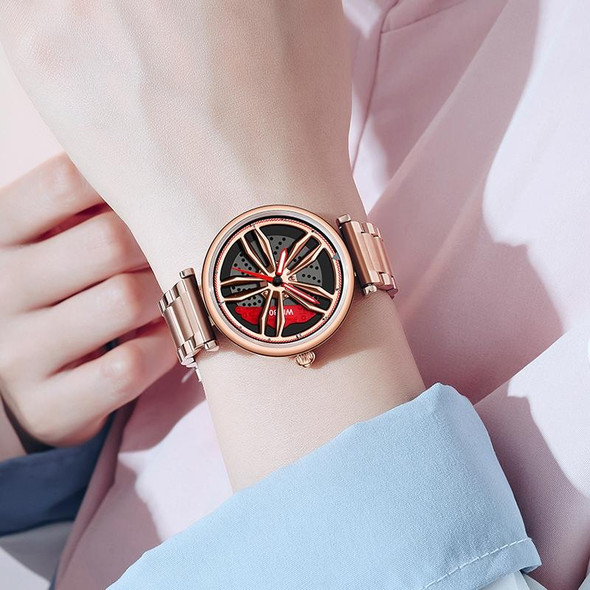 SANDA 1074 3D Hollow Out Wheel Non-rotatable Dial Quartz Watch for Women, Style:Leather Belt(Rose Gold)