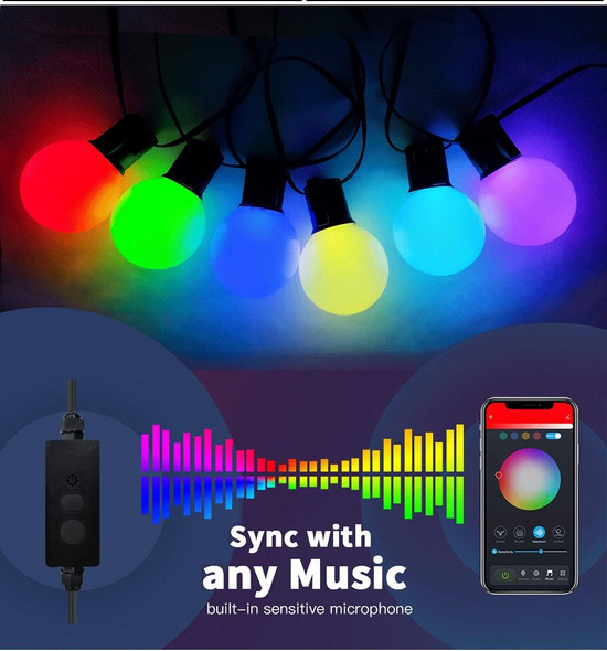 G40 Bulb Bluetooth Smart RGB String Lights Outdoor Decoration, Spec: 5m 25 LEDs-Solar Power