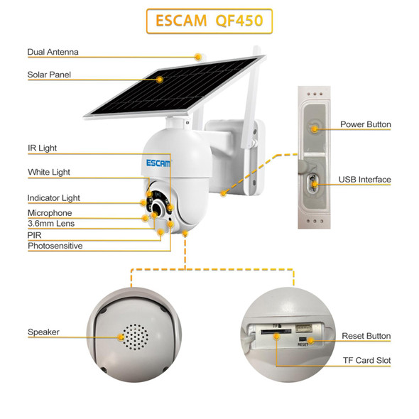 ESCAM QF450 HD 1080P 4G AU Version Solar Powered IP Camera with 64G Memory, Support Two-way Audio & PIR Motion Detection & Night Vision & TF Card