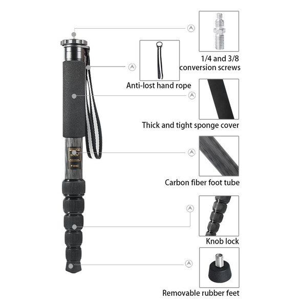 BEXIN P306C Portable Travel Outdoor DSLR Camera Carbon Fiber Monopod Holder (Black)