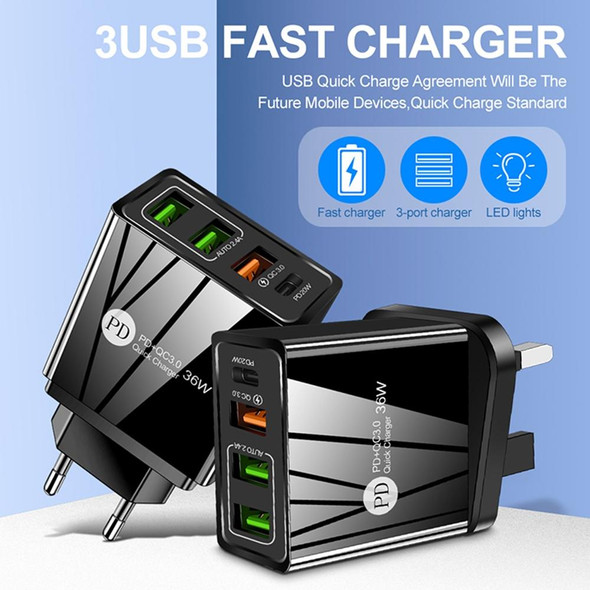 FLOVEME 210BL2008 PD20W+QC3.0+2.4A Dual USB 36W Fast Charge Mobile Phone Charger, EU Plug (Black)