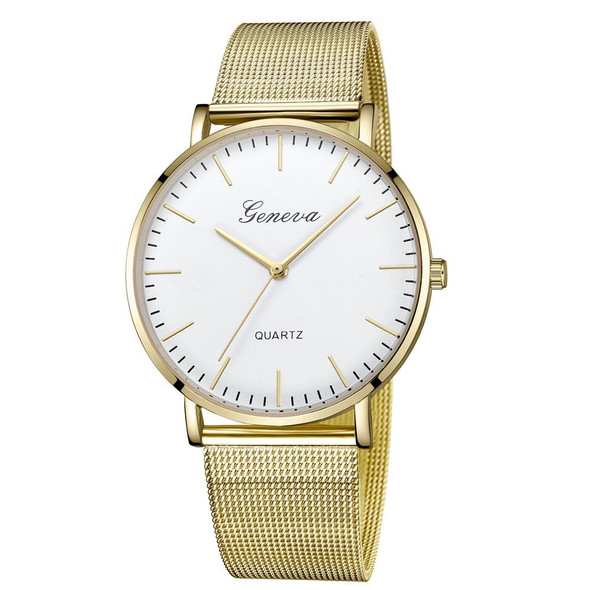 Geneva Fashion Quartz Watch Men Women Mesh Stainless Steel Watchband(Gold shell White dial gold needle)