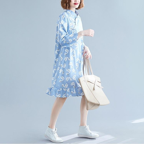 Chinese Style Improved Cheongsam Literary Retro Loose And Thin Mid-length Dress (Color:Blue Size:XL)