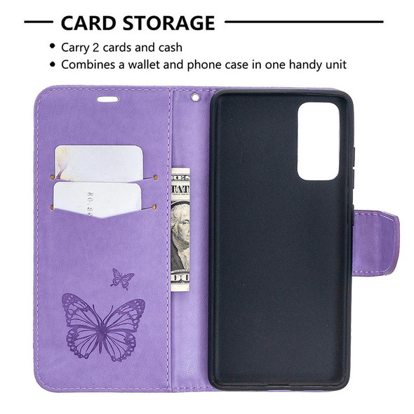 Samsung Galaxy S20 FE 5G / S20 Lite Embossing Two Butterflies Pattern Horizontal Flip PU Leather Case with Holder & Card Slot & Wallet & Lanyard(Purple)