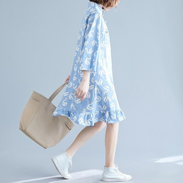 Chinese Style Improved Cheongsam Literary Retro Loose And Thin Mid-length Dress (Color:Blue Size:M)