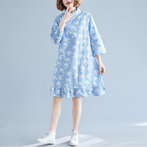 Chinese Style Improved Cheongsam Literary Retro Loose And Thin Mid-length Dress (Color:Blue Size:XXL)