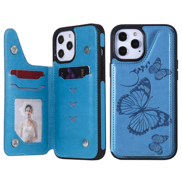 Butterfly Embossing Pattern Shockproof Protective Case with Holder & Card Slots & Photo Frame - iPhone 12 Pro Max(Blue)