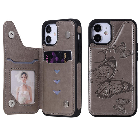 Butterfly Embossing Pattern Shockproof Protective Case with Holder & Card Slots & Photo Frame - iPhone 12 mini(Grey)