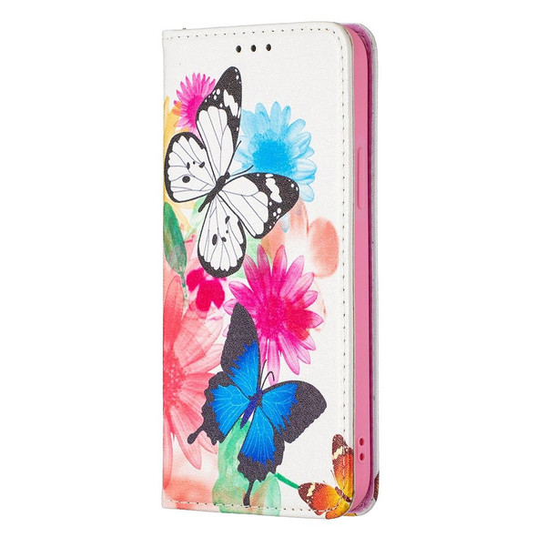 Colored Drawing Pattern Invisible Magnetic Horizontal Flip PU Leatherette Case with Holder & Card Slots & Wallet - iPhone 12 / 12 Pro(Two Butterflies)