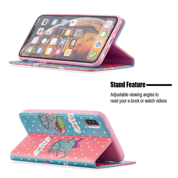 Colored Drawing Pattern Invisible Magnetic Horizontal Flip PU Leatherette Case with Holder & Card Slots & Wallet - iPhone XS Max(Elephant)