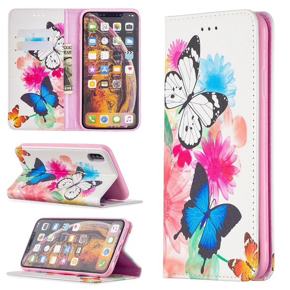 Colored Drawing Pattern Invisible Magnetic Horizontal Flip PU Leatherette Case with Holder & Card Slots & Wallet - iPhone XS Max(Two Butterflies)