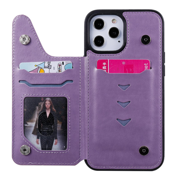 Cat Bee Embossing Pattern Shockproof Protective Case with Card Slots & Photo Frame - iPhone 12 Pro Max(Purple)