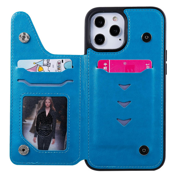 Cat Bee Embossing Pattern Shockproof Protective Case with Card Slots & Photo Frame - iPhone 12 Pro Max(Blue)