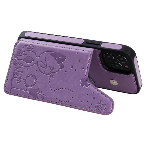 Cat Bee Embossing Pattern Shockproof Protective Case with Card Slots & Photo Frame - iPhone 12 / 12 Pro(Purple)