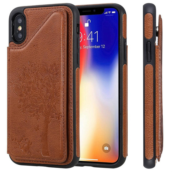 iPhone XS Cat Tree Embossing Pattern Shockproof Protective Case with Card Slots & Photo Frame(Brown)