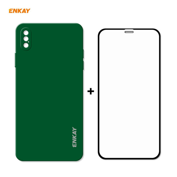 Hat-Prince ENKAY ENK-PC0712 Liquid Silicone Straight Edge Shockproof Protective Case + 0.26mm 9H 2.5D Full Glue Full Screen Tempered Glass Film - iPhone XS / X(Dark Green)