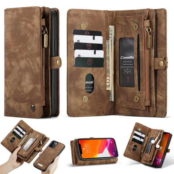 iPhone 12 / 12 Pro CaseMe-008 Detachable Multifunctional Horizontal Flip Leather Case with Card Slot & Holder & Zipper Wallet & Photo Frame(Brown)