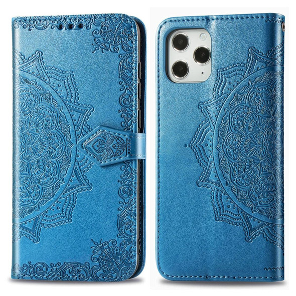 iPhone 12 Pro Max Halfway Mandala Embossing Pattern Horizontal Flip Leather Case with Holder & Card Slots & Wallet & Lanyard(Blue)