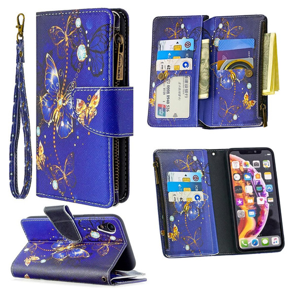 iPhone XR Colored Drawing Pattern Zipper Horizontal Flip Leather Case with Holder & Card Slots & Wallet(Purple Butterfly)