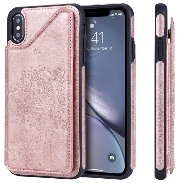 iPhone XS Max Cat Tree Embossing Pattern Shockproof Protective Case with Card Slots & Photo Frame & Holder(Rose Gold)