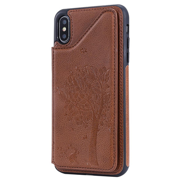 iPhone XS Max Cat Tree Embossing Pattern Shockproof Protective Case with Card Slots & Photo Frame & Holder(Brown)
