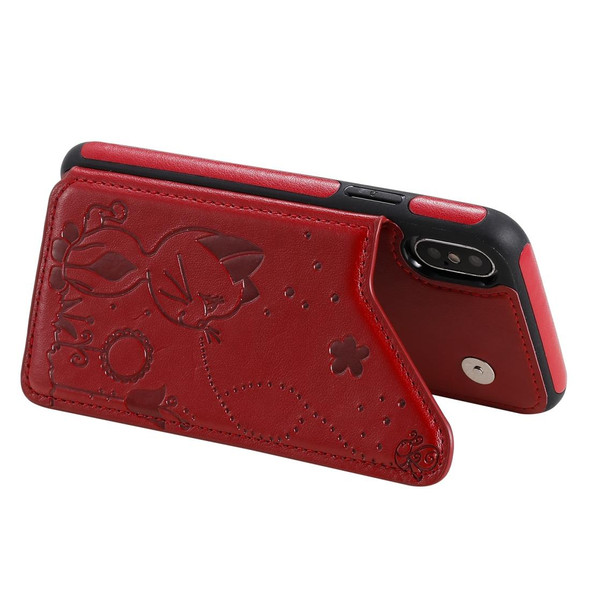 iPhone X Cat Bee Embossing Pattern Shockproof Protective Case with Card Slots & Photo Frame(Red)