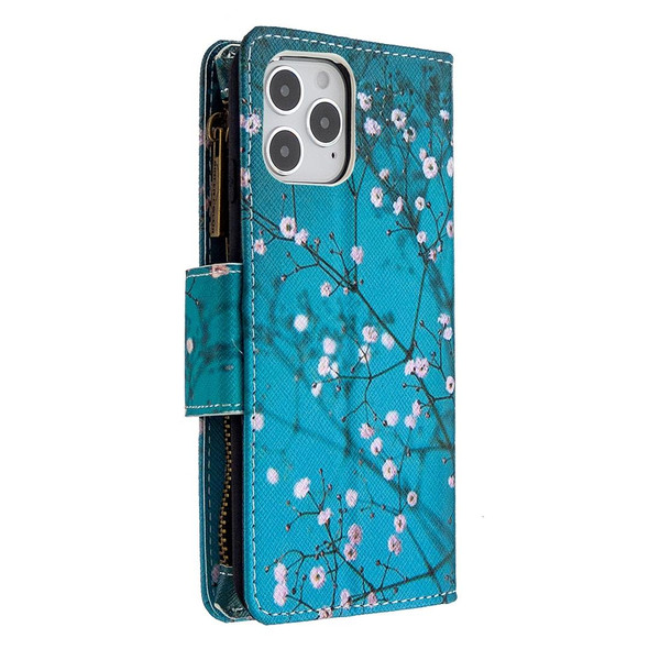 iPhone 12 / 12 Pro Colored Drawing Pattern Zipper Horizontal Flip Leather Case with Holder & Card Slots & Wallet(Plum Blossom)