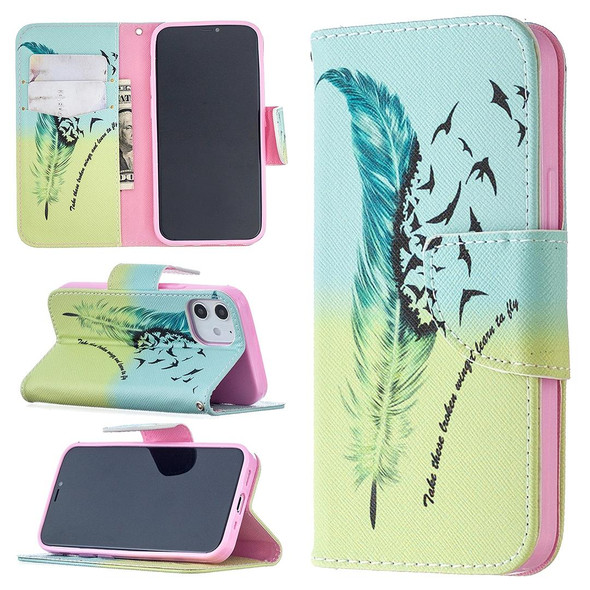 iPhone 12 mini Colored Drawing Pattern Horizontal Flip Leather Case with Holder & Card Slots & Wallet(Feather)