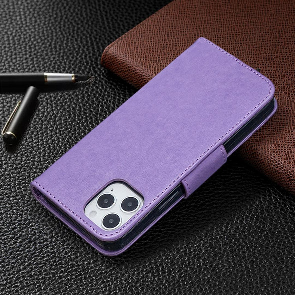 iPhone 12 Pro Max Embossing Two Butterflies Pattern Horizontal Flip PU Leather Case with Holder & Card Slot & Wallet & Lanyard(Purple)