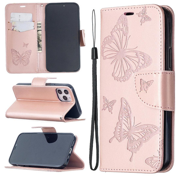 iPhone 12 Pro Max Embossing Two Butterflies Pattern Horizontal Flip PU Leather Case with Holder & Card Slot & Wallet & Lanyard(Rose Gold)